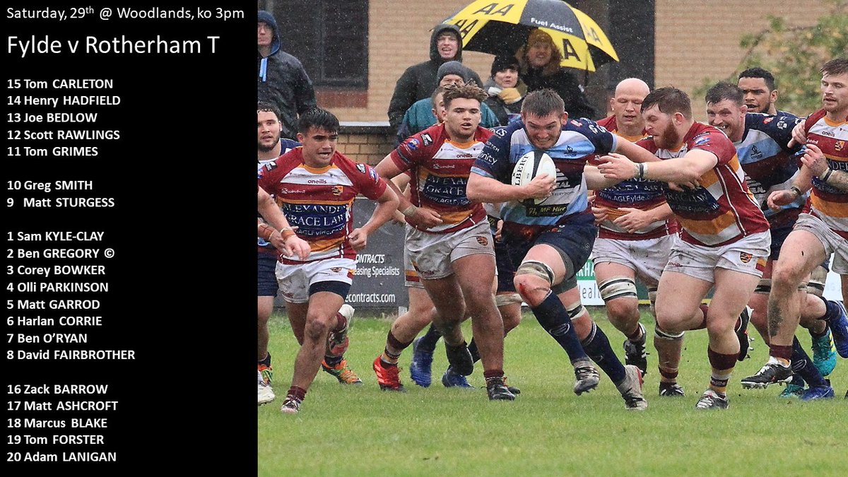 fylderugby's tweet photo. #Fylde make two changes in their starting back division for the challenge of @RotherhamRugby at the Woodlands (ko 3pm). @scottyR12james &amp; @tomcarletonn return at centre &amp; fullback respectively. Pack is unchanged. https://t.co/i8jVKg6HLs