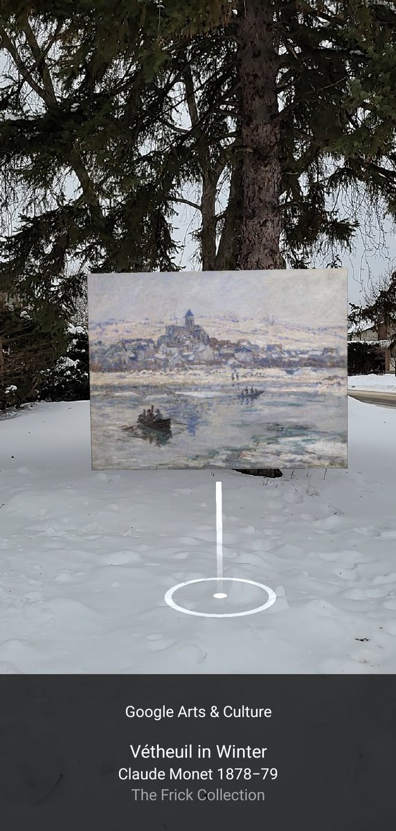 JoelleLui's tweet photo. Want to enhance your museum experience? Use Augmented Reality to view thousands of your favourite famous artworks using the Google Arts &amp; Culture app. Claude Monet's "Vétheuil in Winter", located at @frickcollection, is looking quite sharp in this weather! #TheFrickCollection https://t.co/yluLkdW1qI