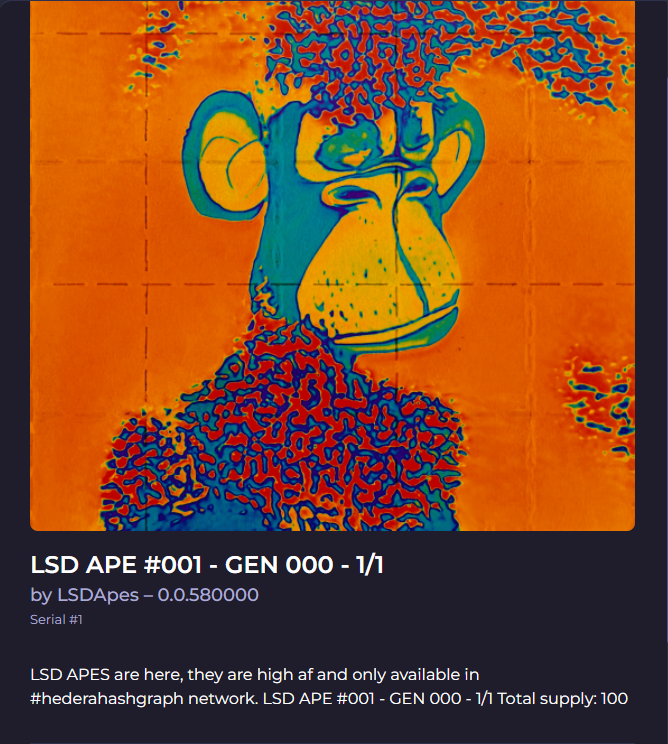hbarbit's tweet photo. Selling this #001 LSD Ape. DM fyour offers! #NFT #HBAR #HBARNFT @LSDApes https://t.co/k592mpBsFZ