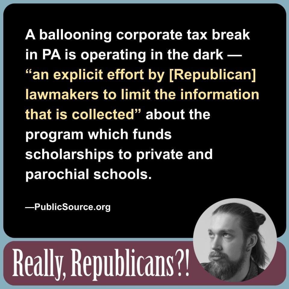joanieofor's tweet photo. "Among the 19 states that run similar programs, Pennsylvania is an outlier.... Even though Pennsylvania has one of the largest tax credits, it collects the least amount of data on the program’s outcomes."
#reallyrepublicans?!? #transparency https://t.co/sXgJFoeMQy