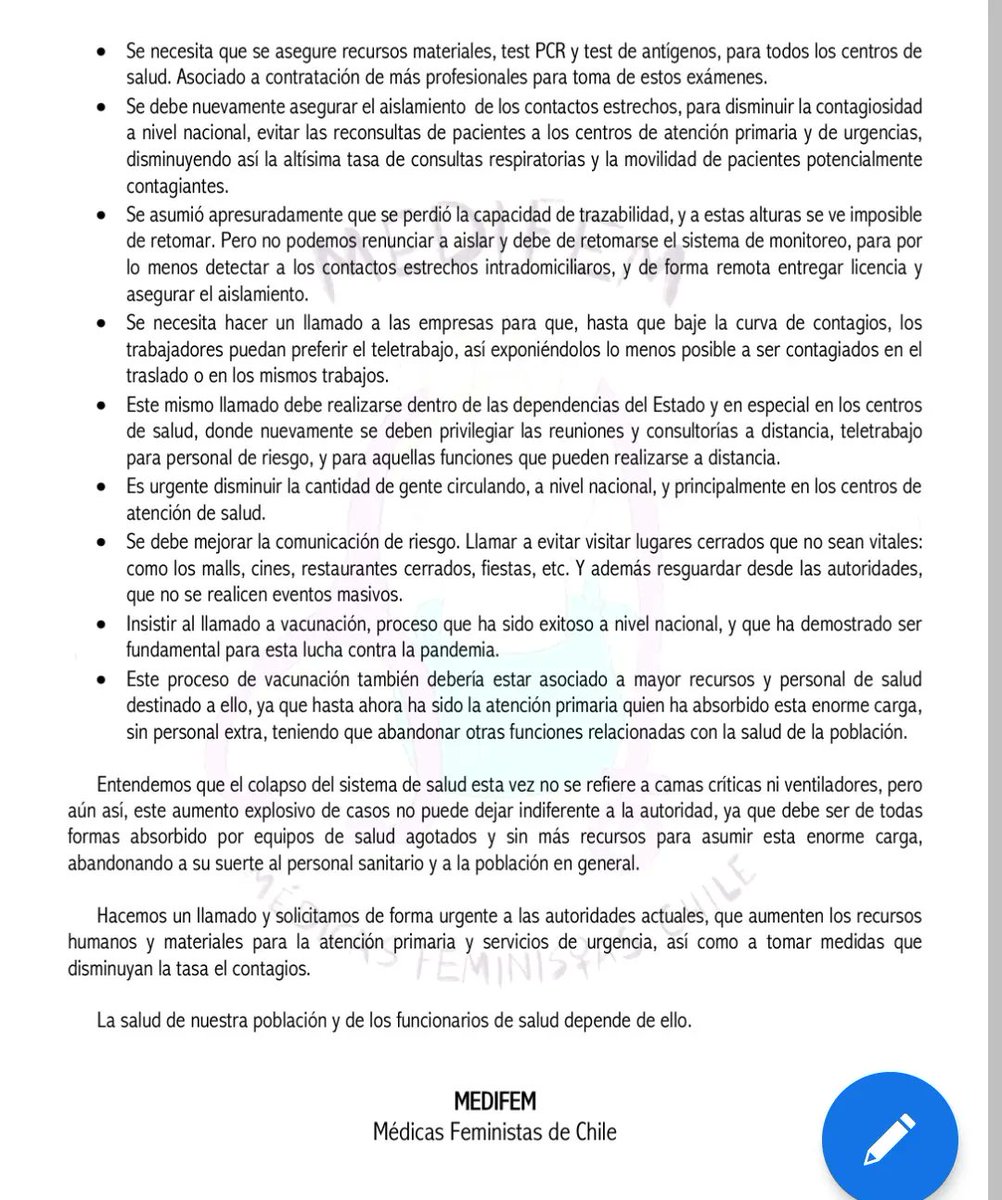 MEDIFEM_Chile's tweet photo. Carta abierta a la Comunidad, denunciando la grave crisis que estamos viviendo en la Atención Primaria a propósito de la variante #omicron #COVID19 donde hoy se registraron más de 24.000 casos en Chile.
@colmedchile @ministeriosalud https://t.co/h8bWzUHwzV