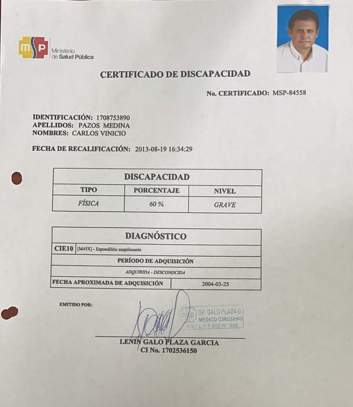 EcuadorEnGenova's tweet photo. Miren nomás el Juez Carlos Pazos con carnet de discapacidad y grave, 60% 😯 lo ví en la directa zoom y goza de excelente salud, mejor q' la mia. Cuando leí su nombre, me recordé que lo había visto en una lista del 13/07/2020: JUECES CON CARNET DE DISCAPACIDAD‼️ https://t.co/xlB0OMInen