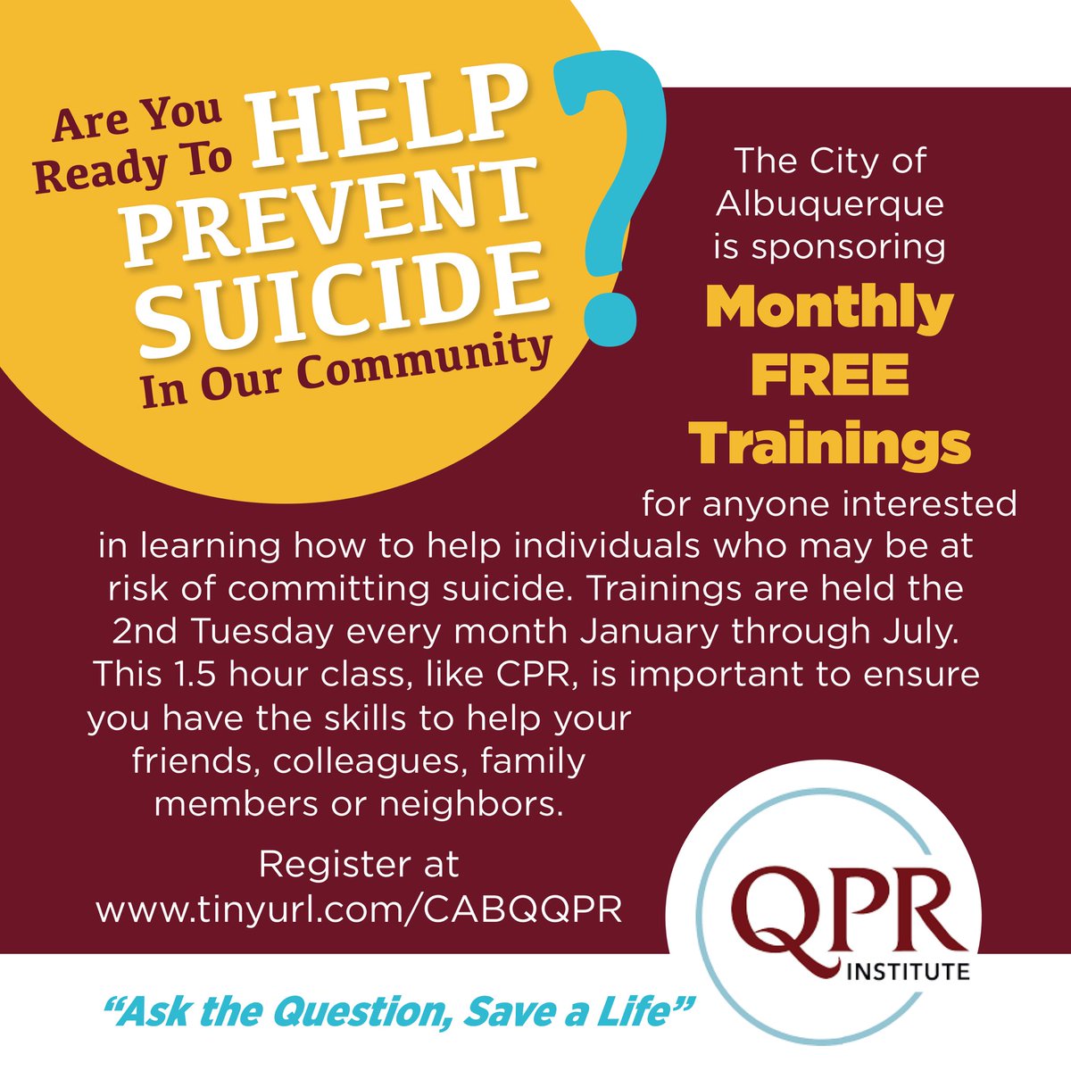 HHHabq's tweet photo. Register today to enroll in a FREE suicide prevention training.
https://t.co/j188vwPehw
#fcsabq #onealbuquerque #QPRtraining https://t.co/beVsD0U1gZ