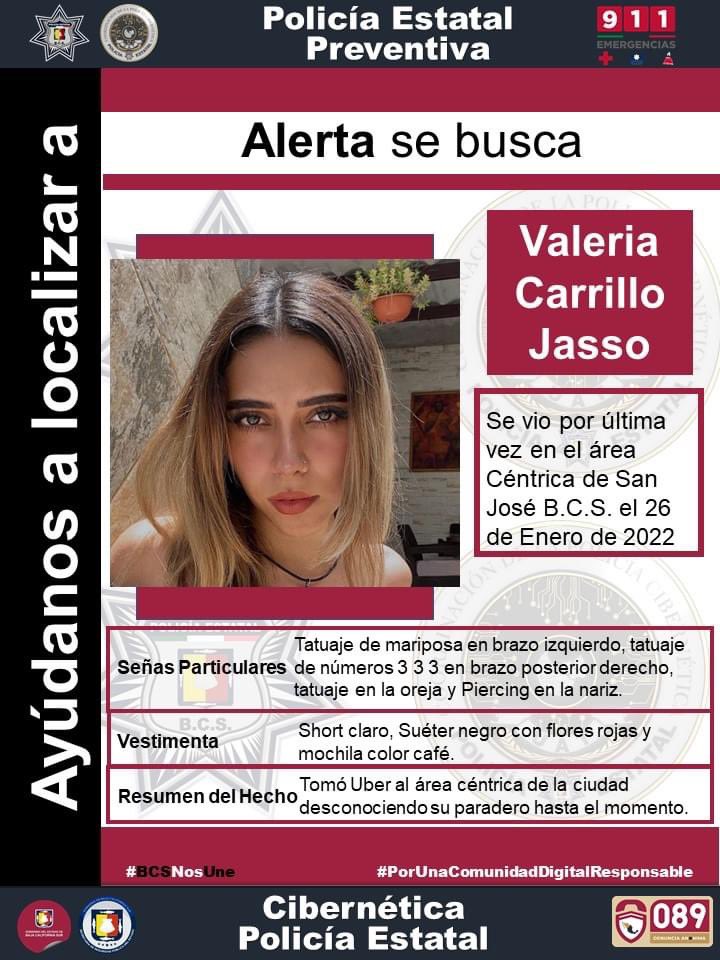 Aún no han localizado a Valeria, cualquier ayuda es muy valiosa, compartan sobre todo si conocen a alguien en Los Cabos. Muchas Gracias