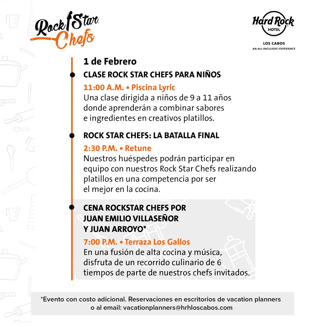 Regresa Rock Star Chefs®️ahora en  <a href="/HRHLosCabos/">HRH Los Cabos</a>  del 30 de enero al 1 de febrero de 2022. Con la presentación de los Chefs <a href="/ChefJuanArroyo/">Juan Arroyo</a> y el Chef Juan Emilio Villaseñor 
<a href="/lacocinoteca/">Juan Emilio Villaseñor</a>  👨‍🍳🍲 Te compartimos las actividades de los siguientes días.  

*Evento con  costo adicional