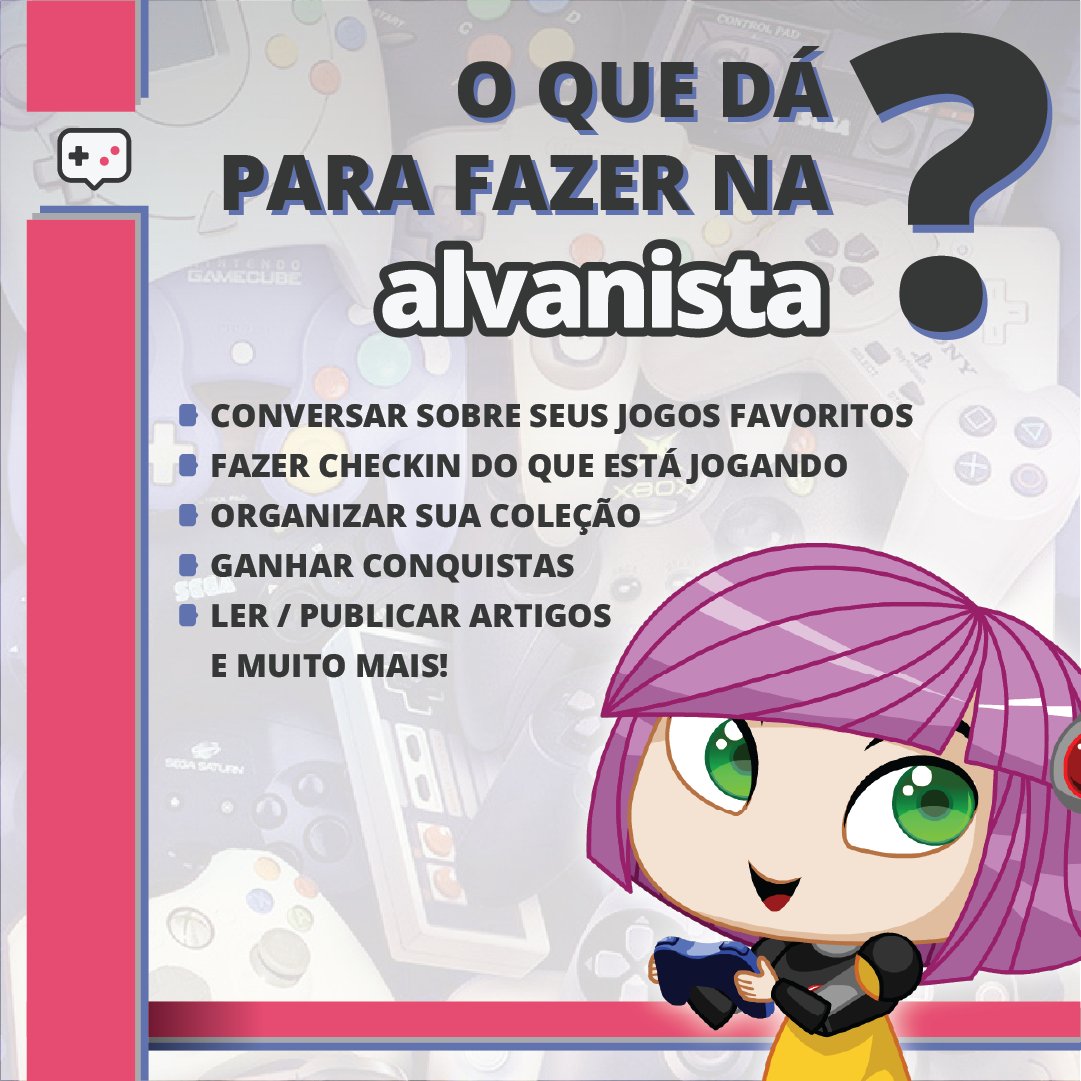 Então, a Alvanista é nosso lugarzinho para falar sobre games e organizar nossa coleção. Qual sua Feature favorita e qual você deseja que estivesse na plataforma?
Manda para feedback@alvanista.com

#alvanista #games #playwinrepeat