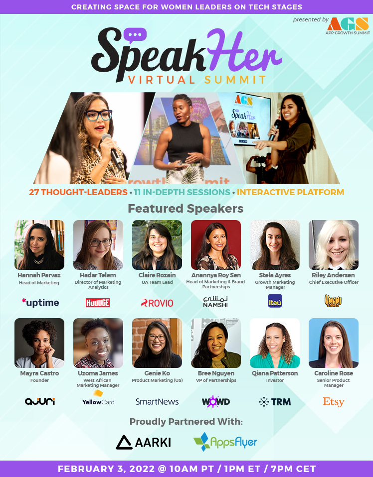 The #2022SpeakHerVirtualSummit is in ONE WEEK 🎤💜 appgrowthsummit.com/events/speakhe…

Don't miss your chance to secure a free invite to App Growth Summit's first event of 2022!

#WomenInTech #WomenInMobile #WomenEmpowerment #SpeakHer #AppGrowthSummit