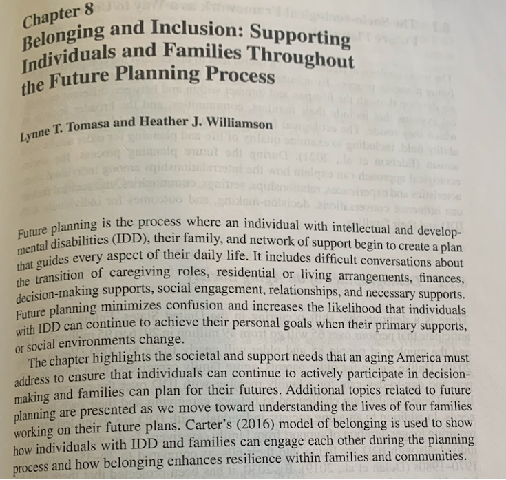 williamsonhj's tweet photo. Excited to get my hard copy of the @CFRTulsa led @springerpub book, in which Lynne Tomasa from @Sonoran_UCEDD and I contributed a chapter on #belonging #inclusion in future planning for adults with intellectual and developmental disabilities. https://t.co/Mkvszsjd36