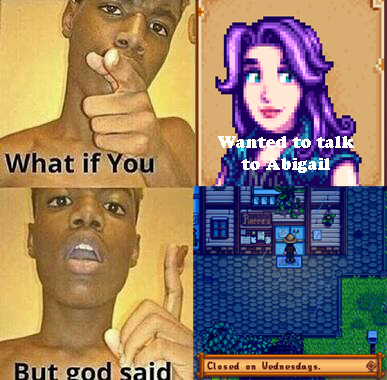 tocadodrow's tweet photo. Quinta é dia de Fazendinha!!!
Cola com a gente que hoje tem #StardewValley 

*E se você
Quisesse falar com a Abigail
Mas Deus dissesse
Fechado às quartas* https://t.co/fZI6bTv1BE