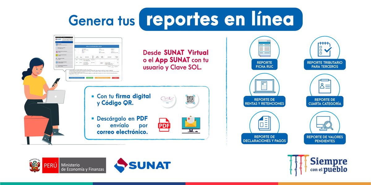 SUNATOficial's tweet photo. 📣 #SunatInforma los tipos de #ReportesElectrónicos que puedes generar desde #SunatVirtual 💻 o la #AppSunat 📲?
☑️ Una vez generado, podrás imprimirlo 🖨 o enviarlo por correo electrónico 📧.
☑️ Infórmate más, aquí 📂 https://t.co/LRPxXhT6lZ https://t.co/pxE0wlxKEo