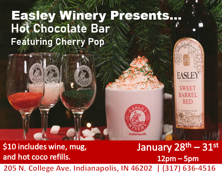 EasleyWinery's tweet image. It's time to celebrate #NationalHotChocolateDay! Our theme for Fun with Friends Friday this week is the Easley Winery #HotChocolateBar. Try Easley's Cherry Pop Hot Chocolate 1/28-1/31 (closed Sat) and keep the mug for $10! #AdultHotChocolate #EasleyWinery