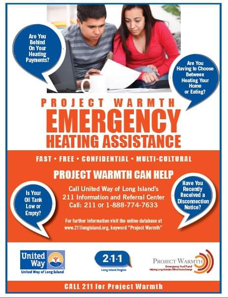 REMINDER - With temperatures continuing to drop and harsh Winter weather on the way, <a href="/UnitedWayLI/">United Way of Long Island</a> Project Warmth is available to residents to assist with their home heating needs. For more info, dial 211 or call 888-774-7633.