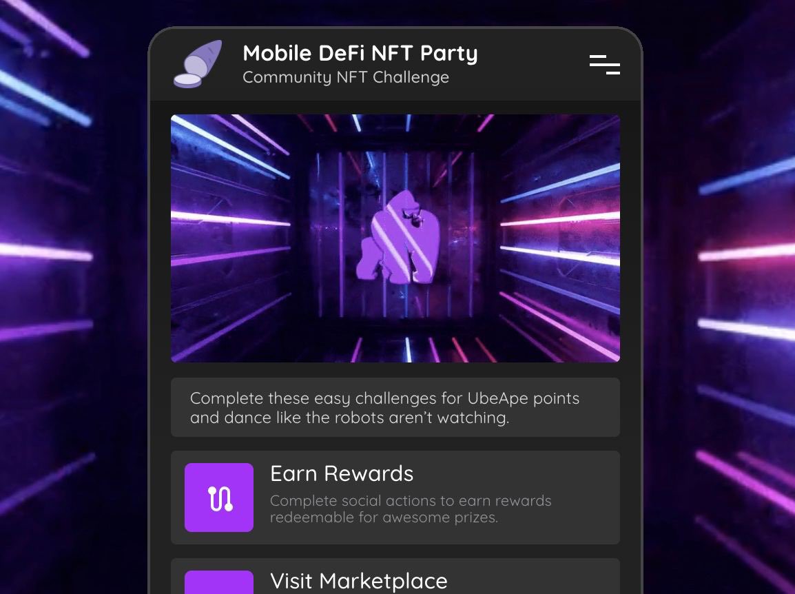 🥳🎉Today we're launching the Ubeswap NFT Party! 🎈🎊

This community NFT challenge is designed to help launch Ubeswap's NFT marketplace and reward our fans. 

Visit ubeswap.org now to earn points and collect the first Ubeswap NFTs before it's too late!
