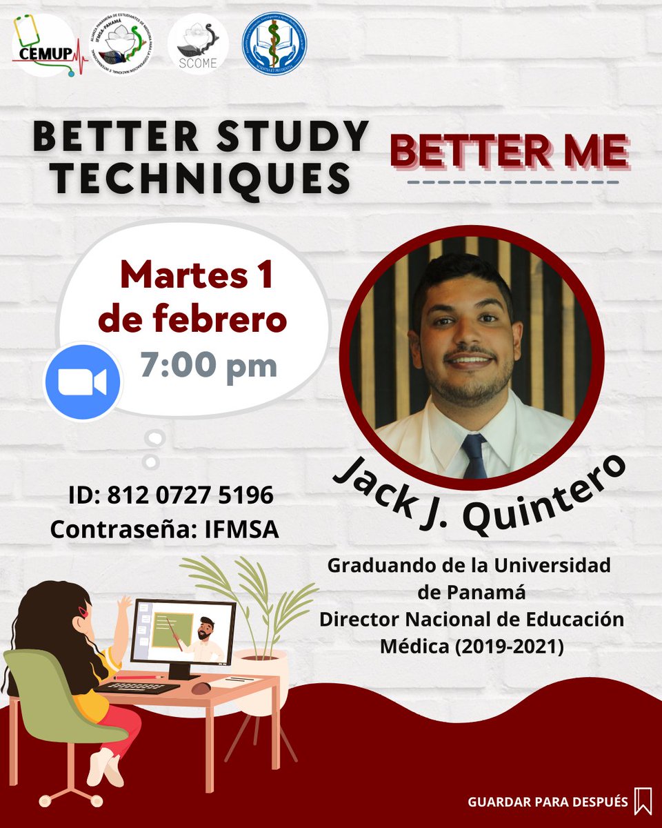 cemupifmsapa's tweet photo. CEMUP x @ScomePanama x @afiamup_ te invitan a participar el 𝗠𝗮𝗿𝘁𝗲𝘀 𝟬𝟭 𝗳𝗲𝗯𝗿𝗲𝗿𝗼 𝟳 𝗽.𝗺 de la capacitación, Better Study Techniques - Better ME, junto a @jackjhossueq 🤓📚
Podrás conocer los mejores métodos de estudio, e increíbles tips para mejorar tu rendimiento🤩 https://t.co/imu1sODh3C