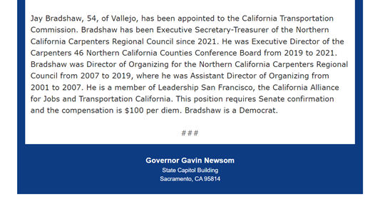 CaAlliance4Jobs's tweet photo. 📣Congrats to Jay Bradshaw for his @California_CTC appointment!
🎉Jay is the Executive Secretary-Treasurer of the Northern California Carpenters Regional Council & member of @CaAlliance4Jobs & @Transport_CA.
#RebuildingCA #FixCARoads #InfrastructureBuildsCA https://t.co/7SsvvvMYOs