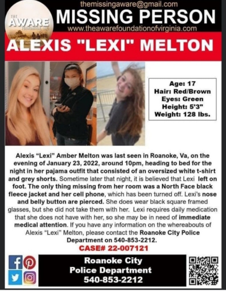 PhD_OnTheCouch's tweet photo. 🔥⚠️🔥⚠️🔥⚠️🔥⚠️🔥
#MISSING #MissingChild
17yo female 
#AlexisMelton 
#LexiMelton
#AlexisLexiMelton 
#Roanoke #Virgina  
Mom is starting a Twitter as we speak. 
PLEASE RETWEET! 
#NerdBirdMafia please!!
Mom is panicked 
@aware_the 
#SUBARU #Subie community @subaru_usa @subaruuk https://t.co/nKwcctGKgj