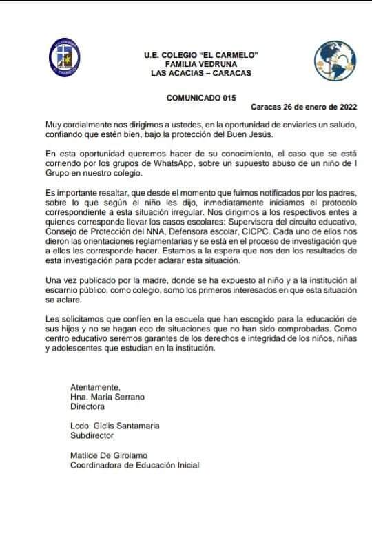 #Caracas UE El Carmelo emite comunicado donde informan que están realizando las diligencias para iniciar las averiguaciones luego de q un representante, de un niño de 4 años de edad, denunciara que su representado sufrió un presunto abuso sexual por parte de uno de sus profesores