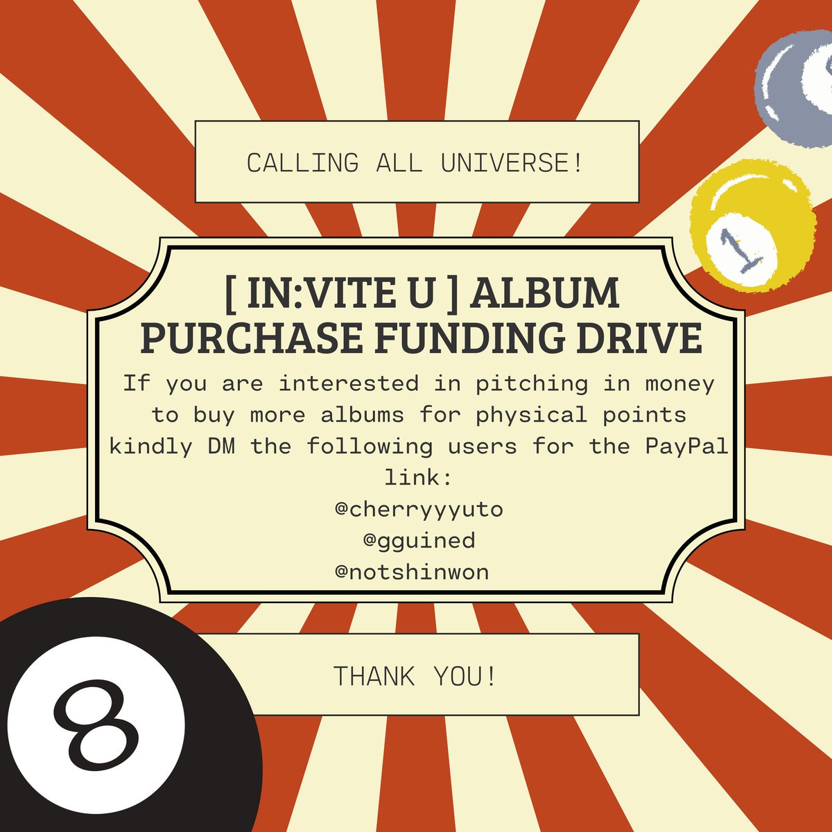 yanghngsk_'s tweet photo. 📢 UNIVERSE 📢

One of my moot along with her friends are initiating a funding drive to purchase more #INVITE_U albums to increase #PENTAGON sales. 

Higher album sales will help us &amp; our boys get their most deserved win this era! 

PLEASE SEE THE PHOTOS ATTACHED FOR MORE INFO ~ https://t.co/3guumgR4sN