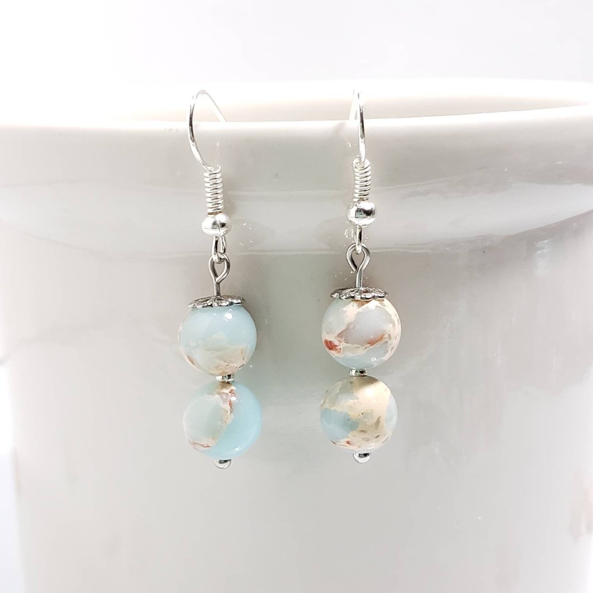 These cute little earrings will make a beautiful Valentines day gift for that special someone #etsy shop: Powder blue jasper bead earrings etsy.me/34ctHIY #blue #silver #earlobe #statementearrings #jasperearrings #dangleearrings  #beadearrings #valentinesday