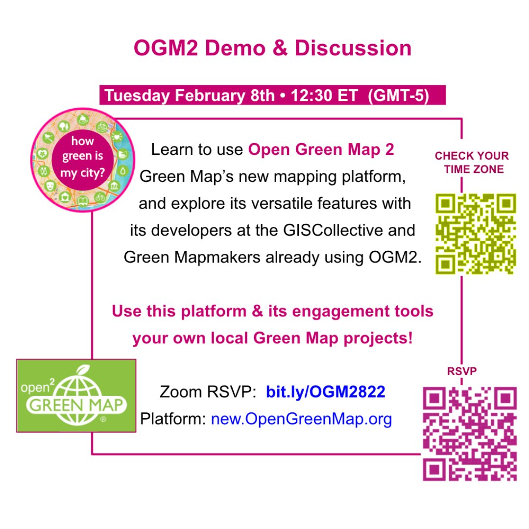 GreenMap's tweet photo. Map Your Own Changing Community with New Open Green Map Tools! Join us and the @GIS_Collective for a demo on Tuesday February 8 
12:30 pm ET  - 18:30 Europe - 23:00 Mumbai
https://t.co/3qz2vTv1Uq https://t.co/oGx15EHQ7P