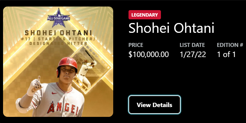 TheFirstMint's tweet photo. 💰$100,000 USD SALE ON @CandyDigital🍬!!!

The Shohei Ohtani👼🏼 1 of 1 💎LEGENDARY💎just became the All-Time *BIGGEST SALE* on the platform beating out the previous record holder @tatis_jr⭐️which sold for 💰$20,000 USD. The Marketplace has been open since 📅January 15!

⚾️⚾️⚾️ https://t.co/HnEE1pTlBO