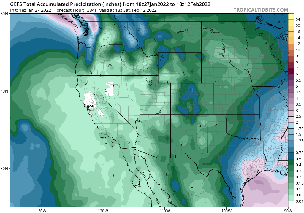 Weather_West's tweet photo. Saving this snapshot for posterity, since I think it's the single driest ensemble mean precip prediction I've ever seen during peak of California wet season. This suggests that virtually every individual GFS ensemble member is completely dry in NorCal for next 16 days. #CAwx https://t.co/mW8ZZr6iaH