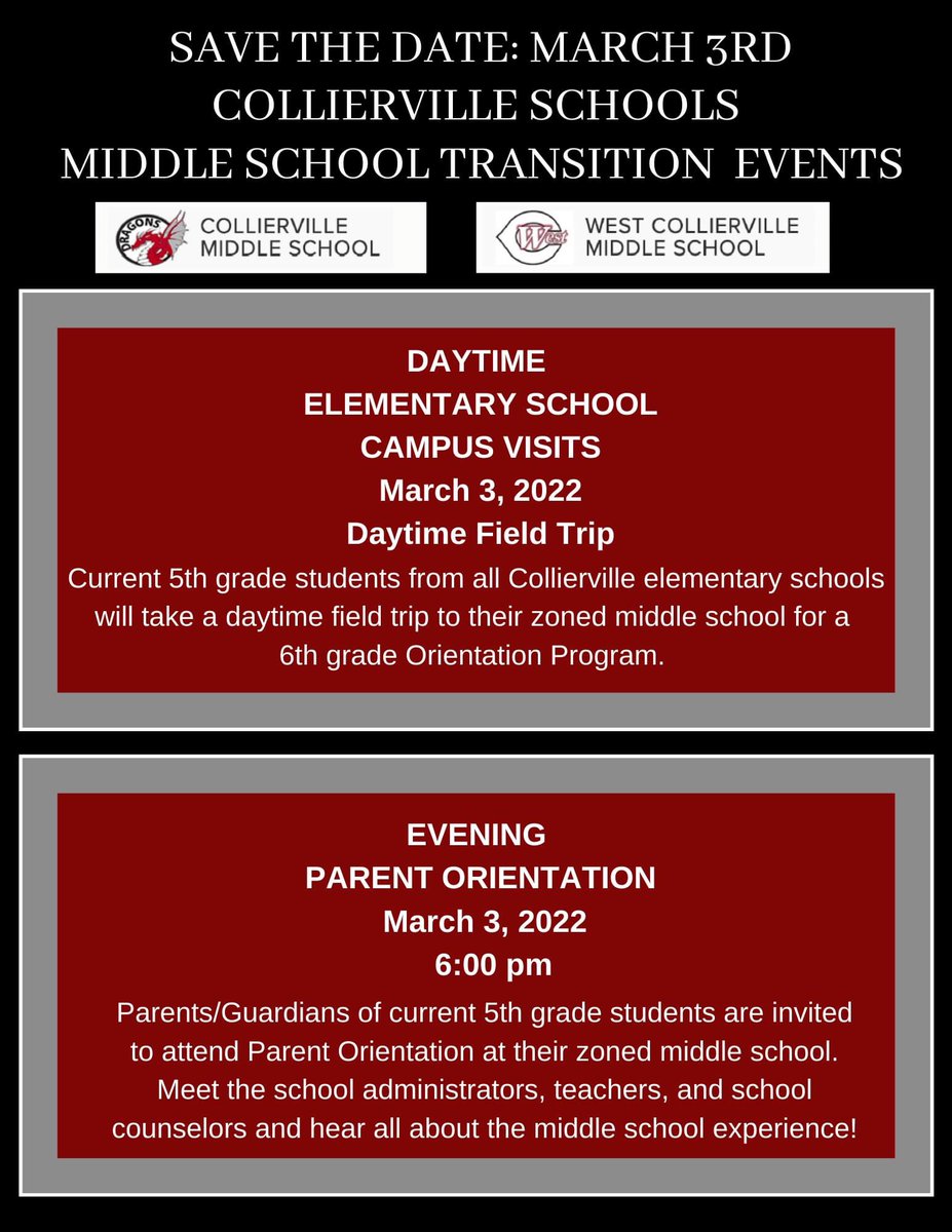 colliervillems's tweet photo. It's that time of year! Attention parents of Rising 6th grade students! We are excited to meet our newest Dragons! https://t.co/2eI4ZhkBia