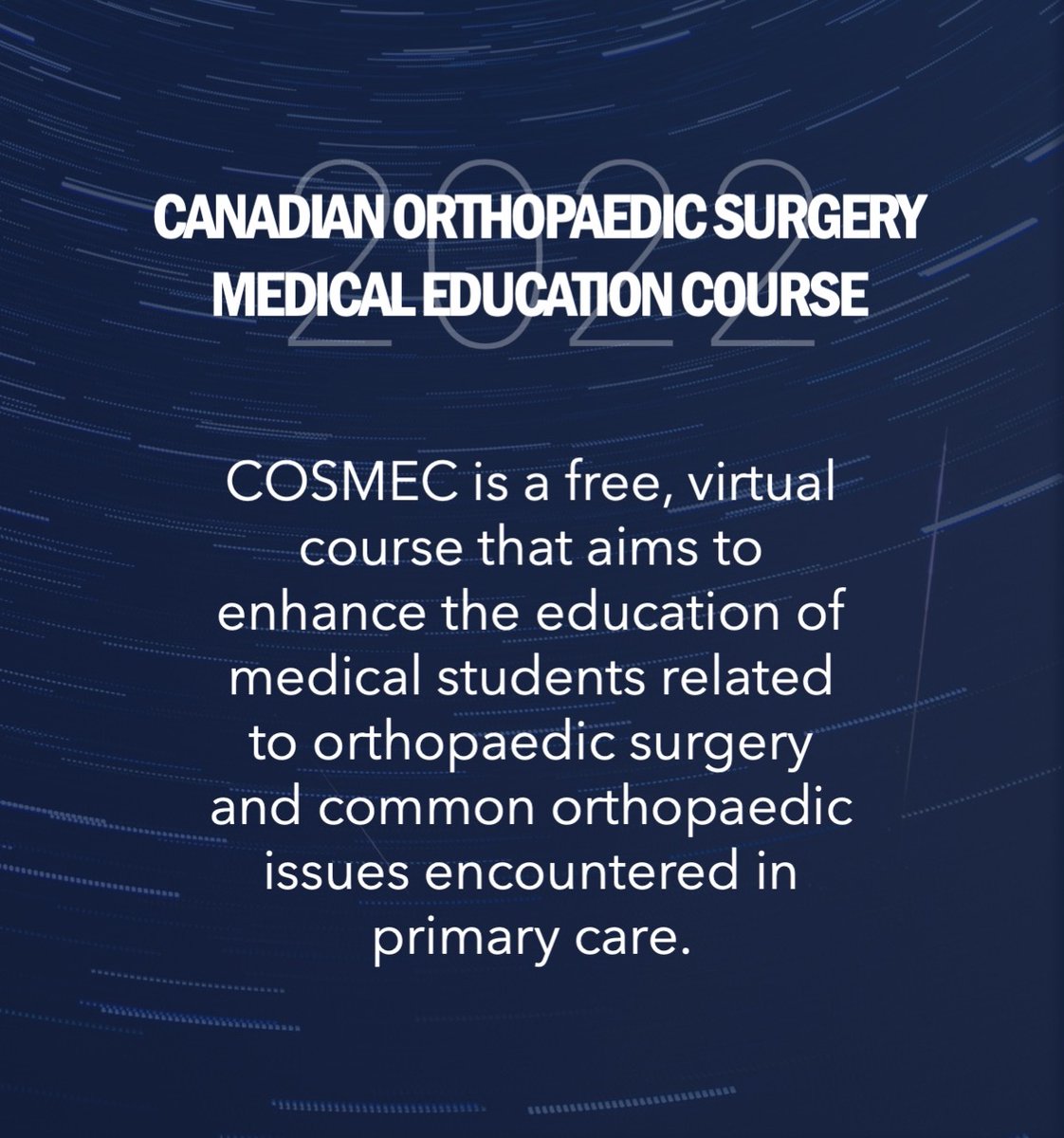Introducing COSMEC: exciting new course designed for undergraduate med students. Live, virtual seminars taught by Ortho faculty &amp; residents, newly released Ortho Handbook, prizes &amp; more! Register by Jan 31 at cosmec.ca #OrthoTwitter #MedTwitter