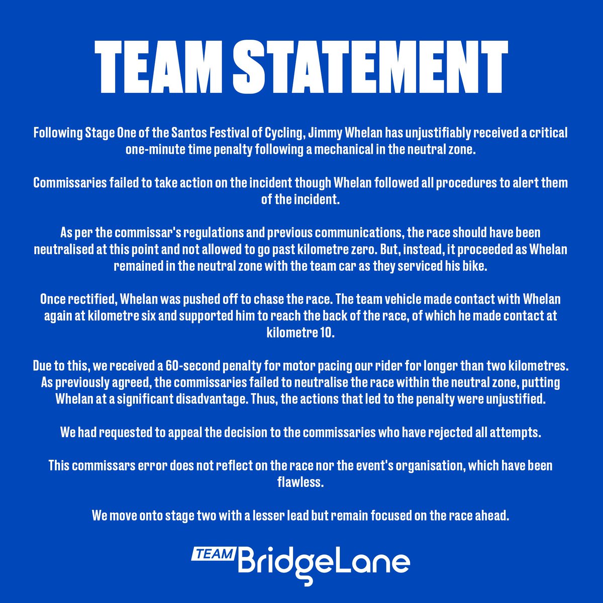 Team statement following yesterday’s stage of the Festival of Cycling.

#TeamBridgeLane
