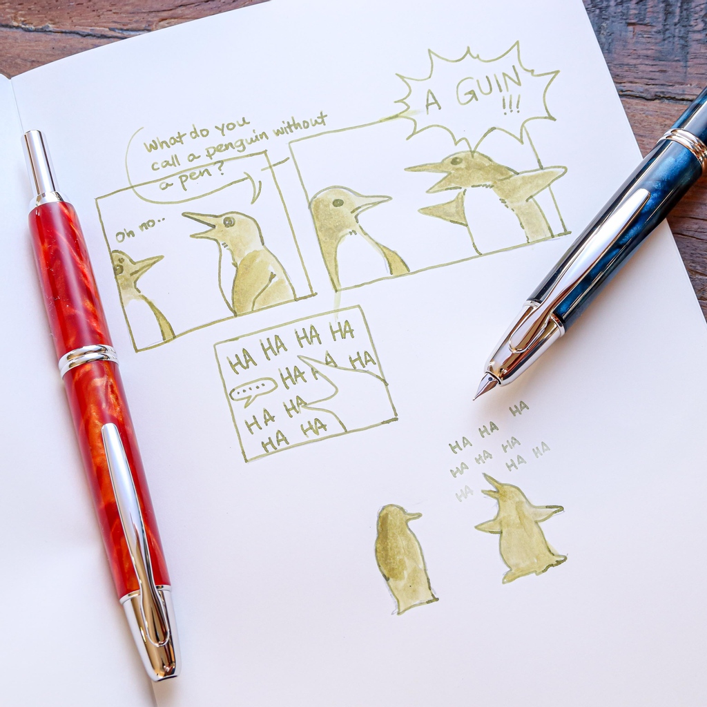 pen_sachi's tweet photo. A little fun drawing this little comic with our Pilot Capless SE - Marble Orange and Marble Blue โค๏ธ
We hope you had a good laugh! (swipe to see the comic!) ๐ #apicapapers #capless #vanishingpoint #vanshingpointSE #caplessSE #comic https://t.co/o5rENCGBoc