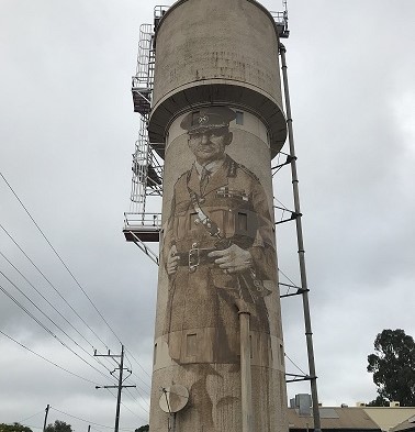 GoulburnValleyWater on Twitter: "The mural on the iconic water tower,  featuring a portrait of renowned civil engineer and Tatura water tower  designer General Sir John Monash and a waterfall of poppies, was