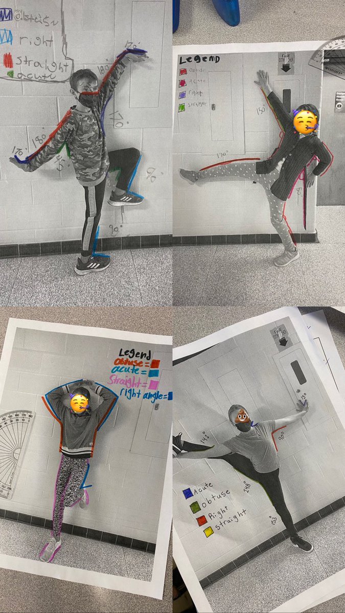 MsLongeway's tweet image. Forever LOVE using @MsClements_ “how can we make angles with our body” activity to solidify our classifying angles learning &amp;amp; give more protractor practice. Yes, they chose their own emoji’s 😅@FenelonTownship #tldsblearns #tldsbmath