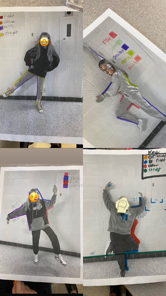 MsLongeway's tweet image. Forever LOVE using @MsClements_ “how can we make angles with our body” activity to solidify our classifying angles learning &amp;amp; give more protractor practice. Yes, they chose their own emoji’s 😅@FenelonTownship #tldsblearns #tldsbmath