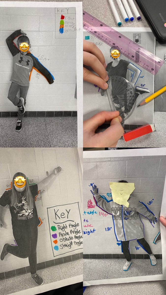 MsLongeway's tweet image. Forever LOVE using @MsClements_ “how can we make angles with our body” activity to solidify our classifying angles learning &amp;amp; give more protractor practice. Yes, they chose their own emoji’s 😅@FenelonTownship #tldsblearns #tldsbmath