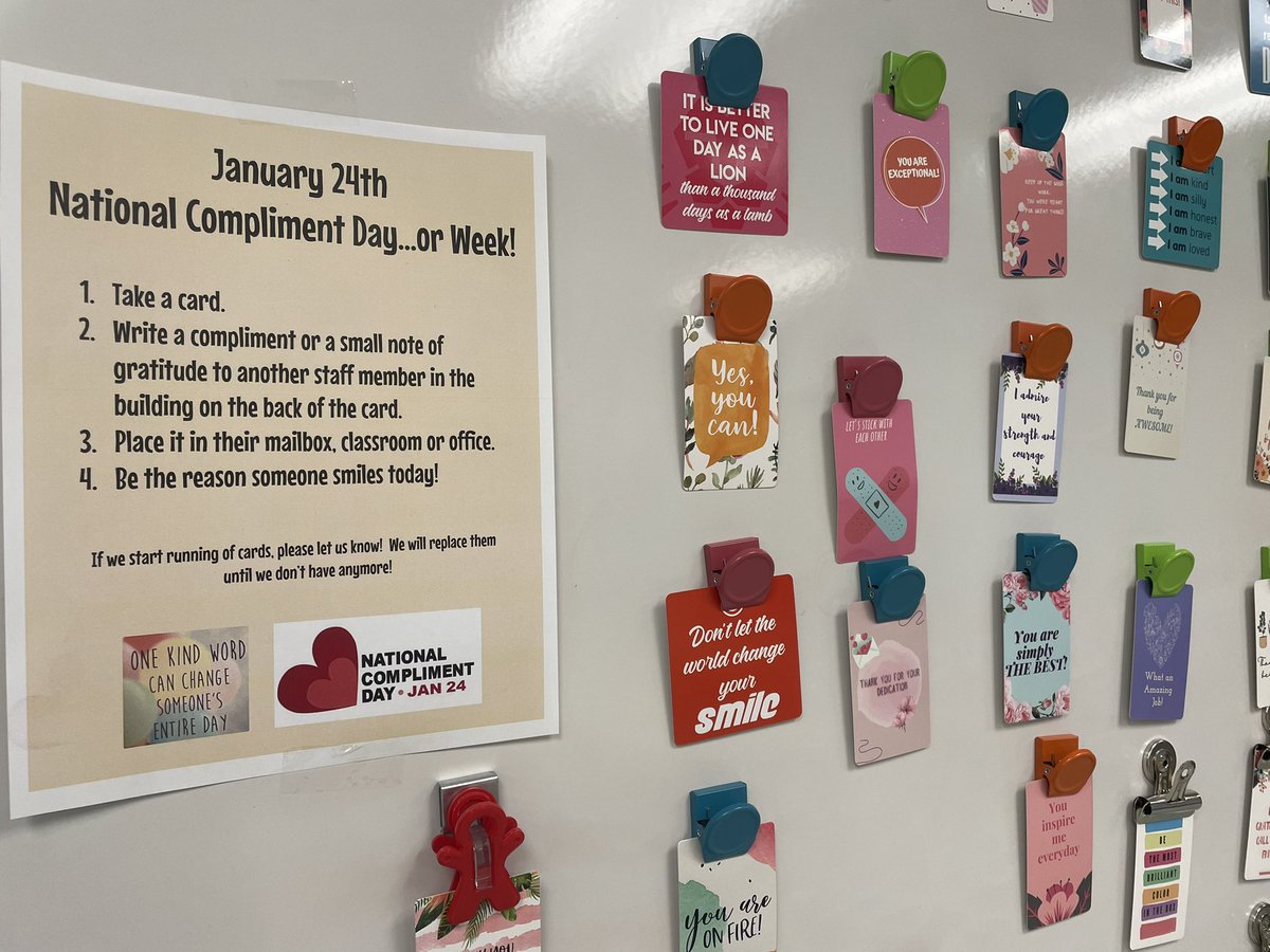 jtruzzolino's tweet photo. Monday was National Compliment Day, but our staff celebrated it all week! We gave out about 250 compliments to each other! Students got involved and they started to deliver homemade compliment cards to staff! It doesn’t take a lot to make someone feel appreciated! Try it! https://t.co/FJcnpo6hWl