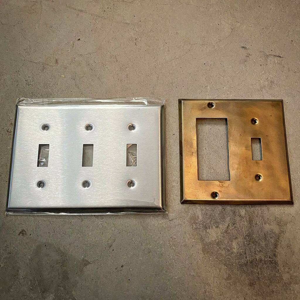 Upgrade: Replacing plastic covers with metal led to a realization. Plain Stainless covers can be purchased at around 1/4th the cost of aged brass or plated finishes. That can add up when renovating a whole house. When you think like a blacksmith, you see metal + heat + brass…