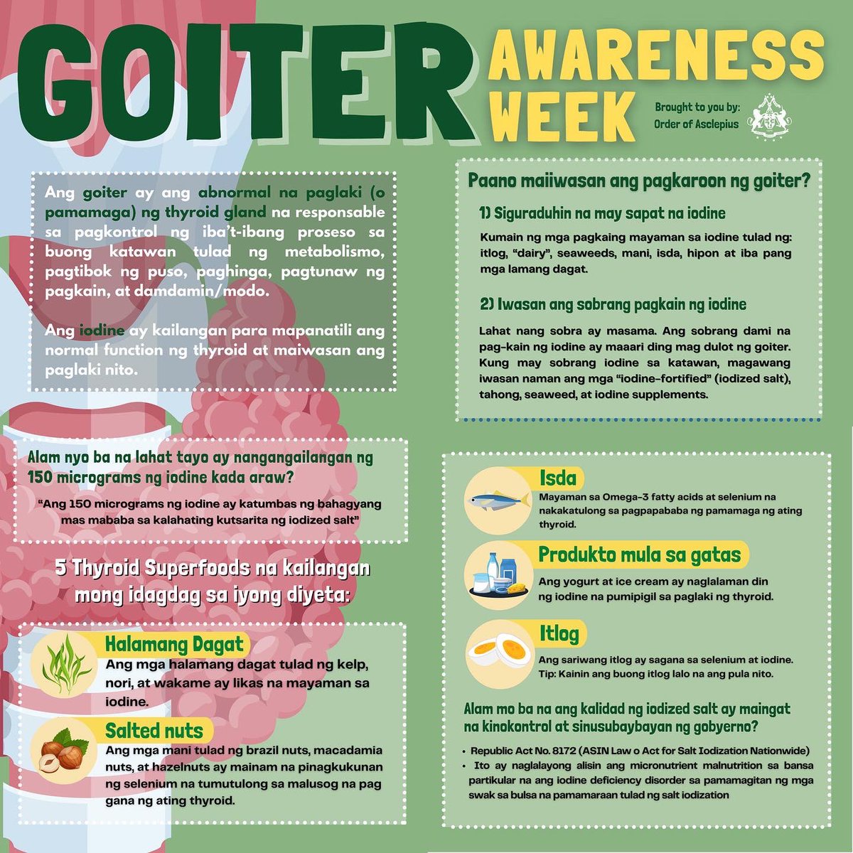 asclepians's tweet photo. [#GOITERAWARENESSWEEK]

#Goiter is an abnormal enlargement of the thyroid gland which is responsible for secreting hormones that help regulate bodily functions.

We’ve listed some practical and useful tips to avoid goiter, and some nice to knows below! Check them out below! https://t.co/EUc0hx6NCD