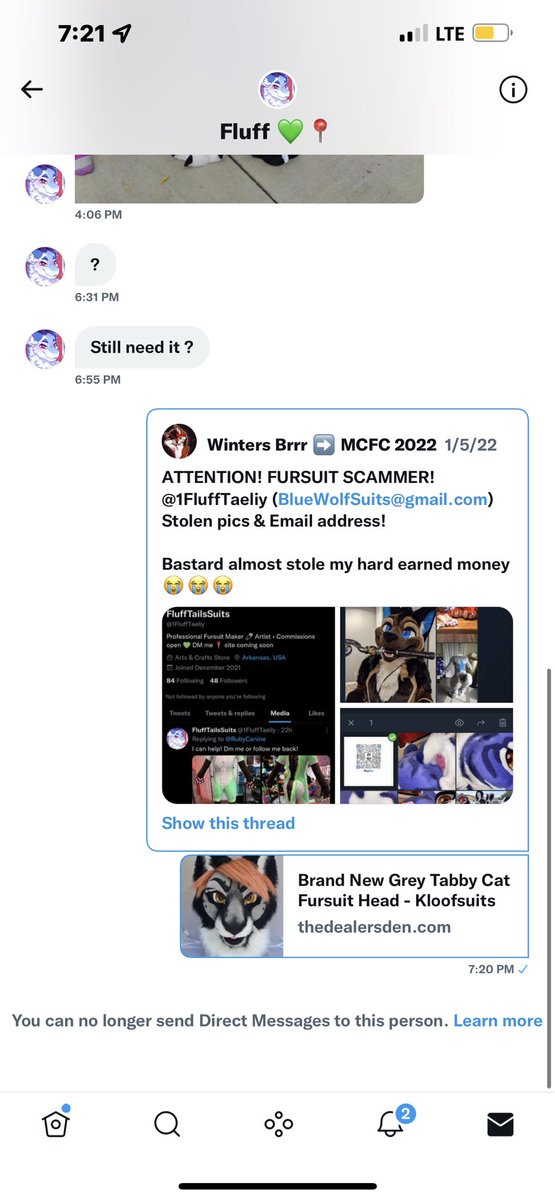 MooBaby05's tweet photo. SCAMMER ALERT! 

Beware. Share around. They blocked me. 

#scammer #fursuit #beware https://t.co/VOIXTvVY82