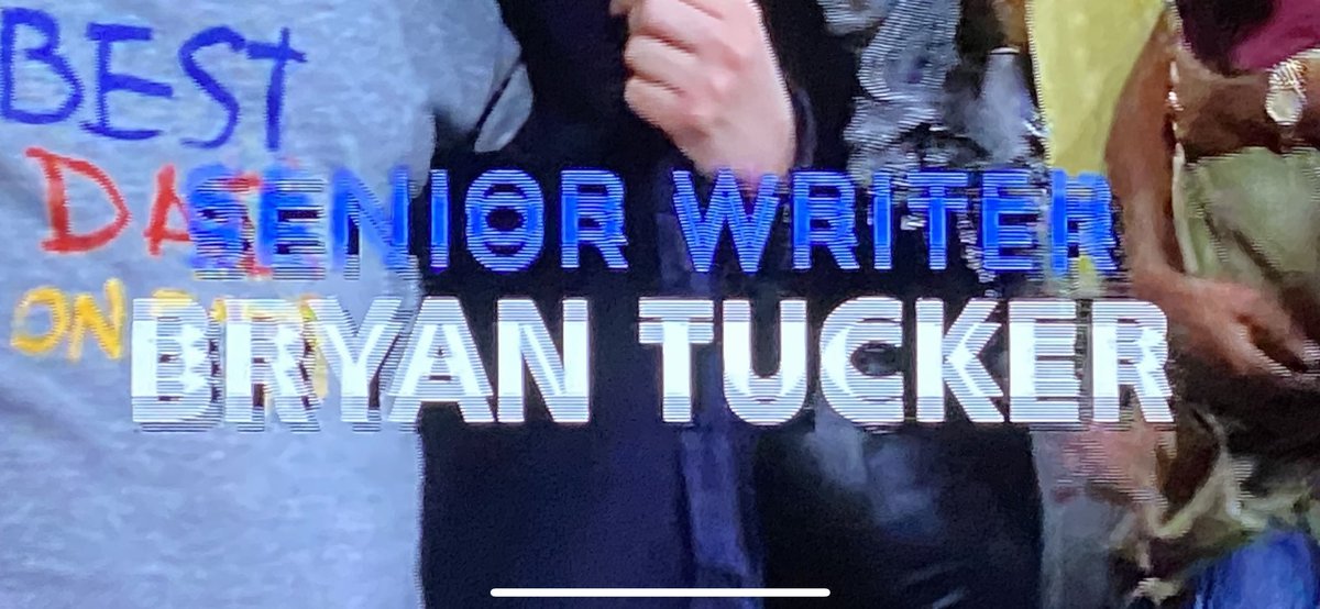 dmruschell's tweet photo. @hulu_support There’s no time stamp, as the entire episode had these interlacing artifacts. In this photo, you can even see the blue shirt through the ghosted letters and see the horizontal interlacing. The credits were not moving smoothly; there was judder due to incorrect frame pacing. https://t.co/87sw6o1F2S