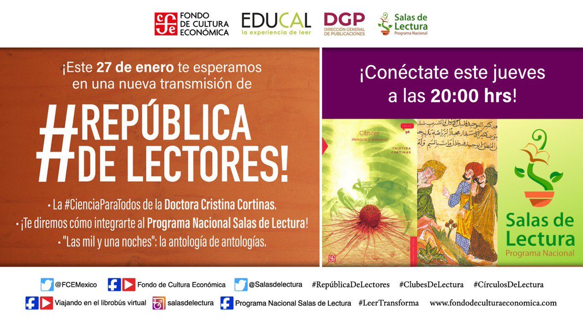 ¡Esta noche como todos los jueves a las 20hrs, los esperamos en una nueva emisión de #RepúblicaDeLectores!📚
Hablaremos de La Ciencia Para Todos, Las mil y una noches, y sobre el Programa Nacional de Salas de Lectura.

👉🏼facebook.com/10159231148587…
👉🏼youtube.com/watch?v=8Kpo_m…
