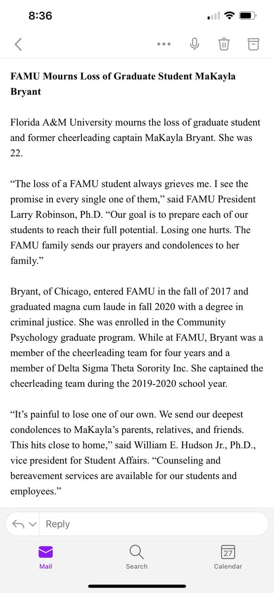 FAMU_1887's tweet photo. We are distraught by the passing of MaKayla “MK” Bryant.

“Our goal is to prepare each of our students to reach their full potential. Losing one hurts. The FAMU family sends our prayers and condolences to her family.” - President @LRobinsonFAMU https://t.co/TIWoVGFtyF