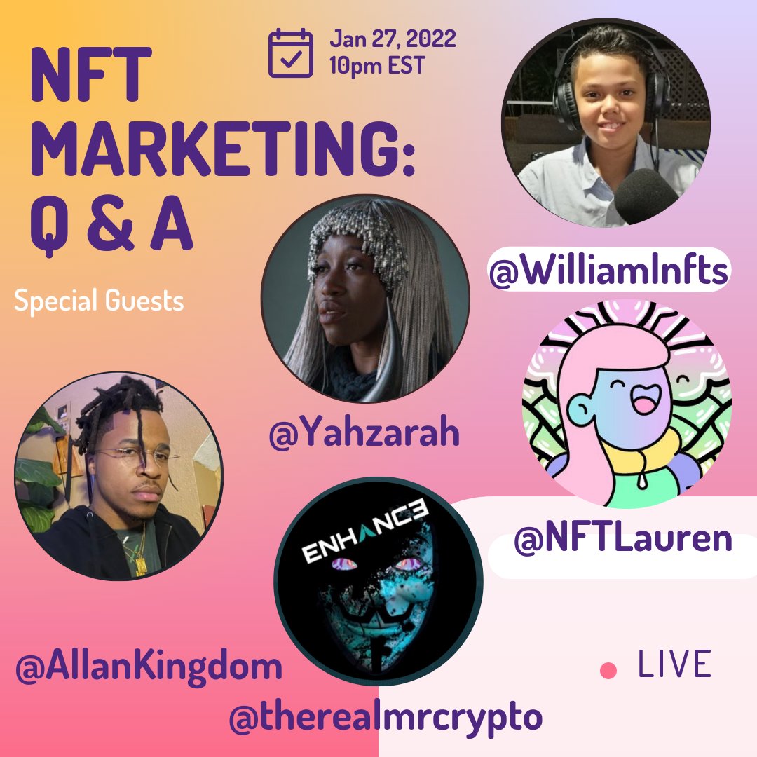 co-hosting NFT Marketing with <a href="/williamlnfts/">William Luppi</a> 
Special Guests hopefully popping in <a href="/Yahzarah/">YahZarah.ETH SOLD OUT ON SOUND.XYZ</a> @AllanKingdom <a href="/therealmrcrypto/">MrCrypto 🟦</a> <a href="/QueenyMartha/">👑Queeny</a> 

x.com/i/spaces/1ypKd…