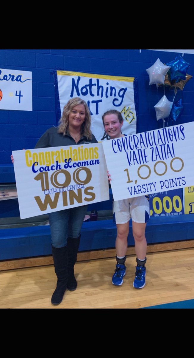 Big milestones for the Crusaders tonight. Coach Jess Looman got her 100th win and <a href="/KatieZatta/">katie zatta</a> got her 1,000 varsity point in a 53-19 victory over Buckeye Local. 💙💛 Congratulations to you both! #GoBlue