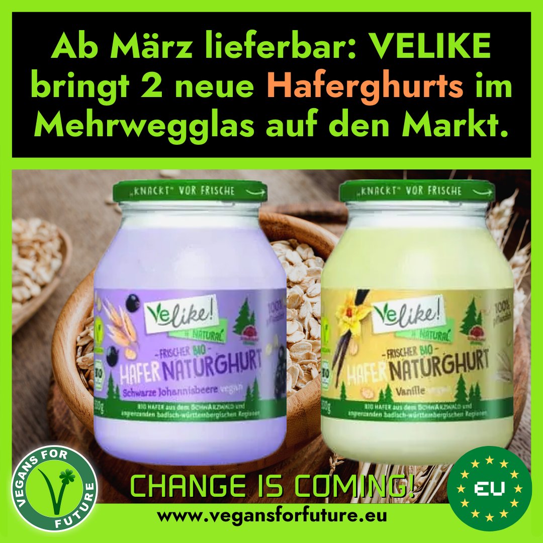 VFF_eu's tweet photo. #Velike erweitert sein Sortiment an Haferghurts im #Mehrweg-Glas! So soll es ab März, neben den bekannten Sorten "Natur" und "Mango", zusätzlich "Vanille" und "Schwarze Johannisbeere" im Handel geben! 👍😎🌱
➡ https://t.co/MYksRE3aZp https://t.co/erHhDOE6WL