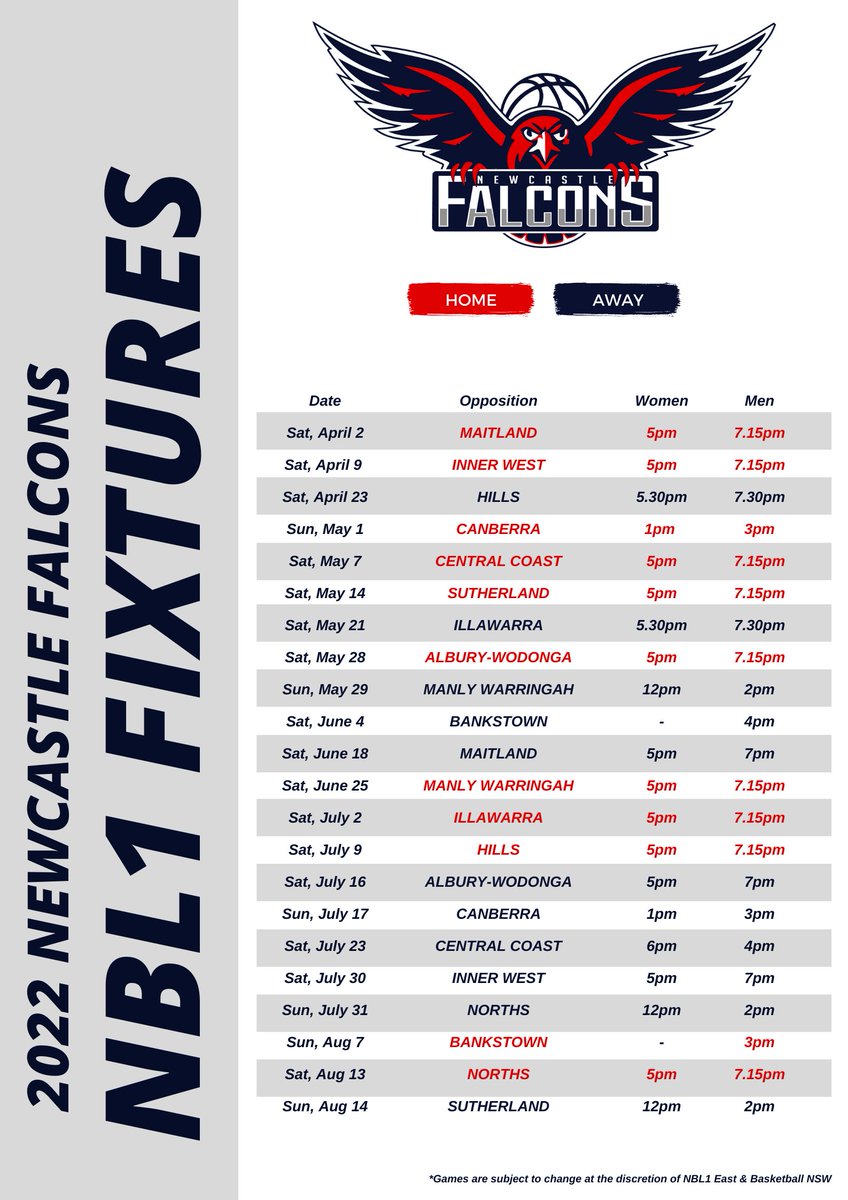 SAVE THE DATES: Head to <a href="/NewyBasketball/">Newcastle Basketball</a> website to see when &amp; where you can catch the Newcastle Falcons in the 2022 <a href="/NBL1East/">𝐍𝐁𝐋𝟏 𝐄𝐚𝐬𝐭</a>: bit.ly/34gQ285
Season-opener at home against archrivals Maitland Mustangs on Saturday, April 2.
<a href="/NBL1/">NBL1</a> <a href="/BasketballNSW/">Basketball NSW</a>