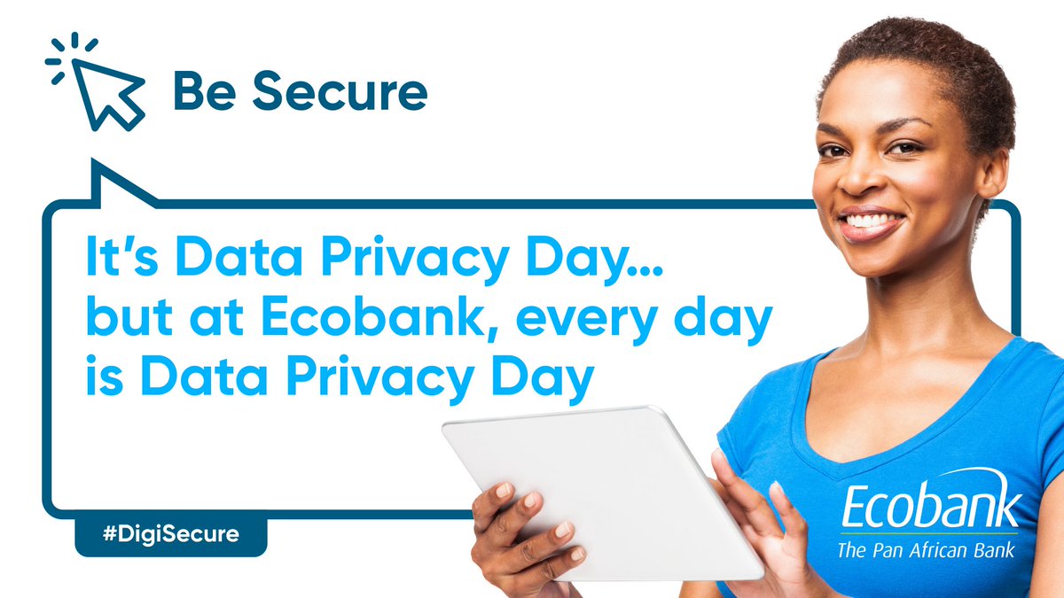 EcobankKenya's tweet photo. Today is #DataPrivacyDay!
We are keen on protecting our customers’ privacy and personal data throughout their interactions with us. Should you suspect something unusual in your account, report at https://t.co/YQdcrlHwGv.
Be Secure. Be #DigiSecure https://t.co/wBJIbg8zRQ