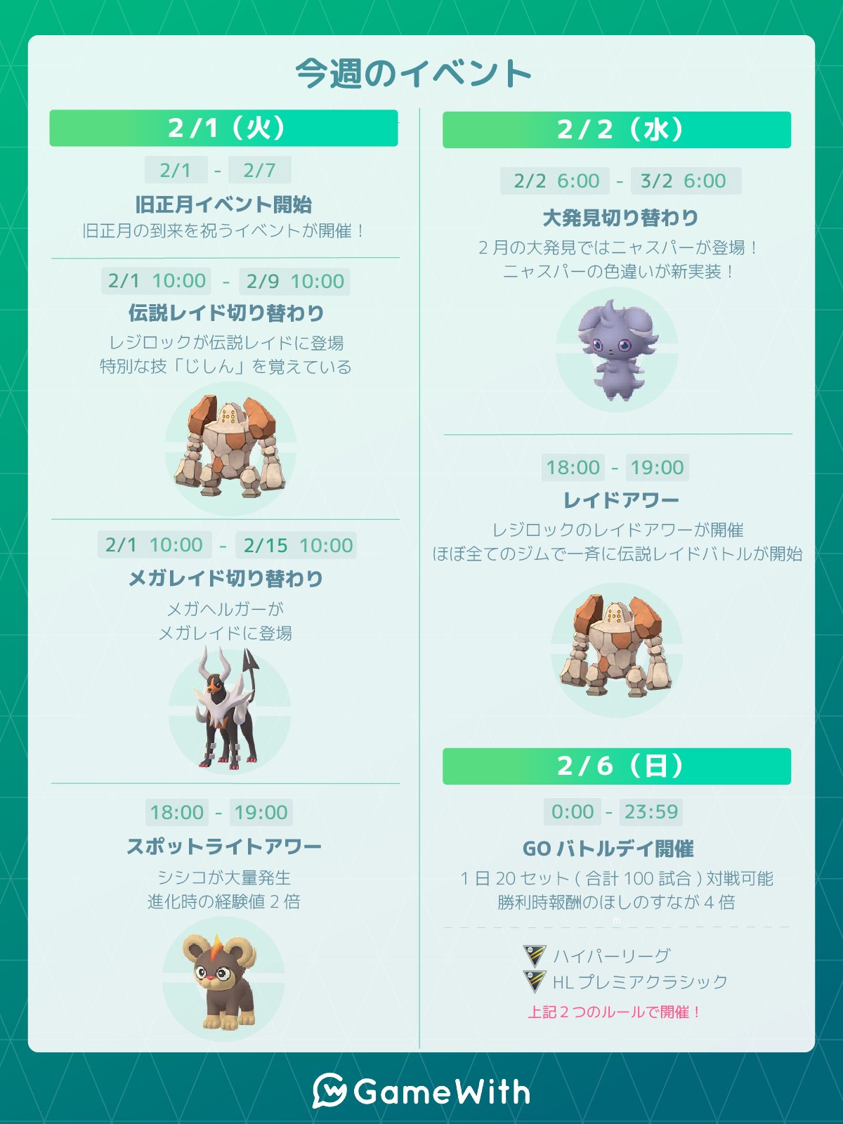 ポケモンgo攻略 Gamewith 今週のイベントスケジュールを画像にまとめました 今週の主なイベント 旧正月イベント開始 レジロックが伝説レイドに登場 メガヘルガーがメガレイドに登場 ニャスパーが大発見に登場 Goバトルデイ開催 ポケモンgo