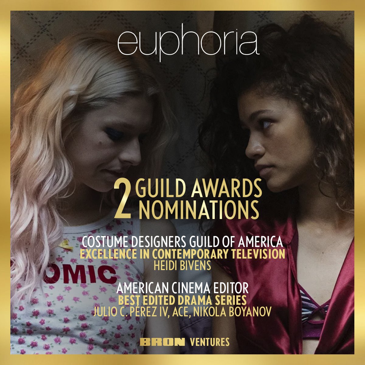 Congratulations to the brilliant <a href="/euphoriaHBO/">euphoria</a> team on their <a href="/CostumeAwards/">Costume Designers Guild Awards</a> and <a href="/ACEFilmEditors/">AmericanCinemaEditor</a> nominations! 💜 With our partners <a href="/hbomax/">HBO Max</a> 

🎬 Euphoria, 2 nominations
