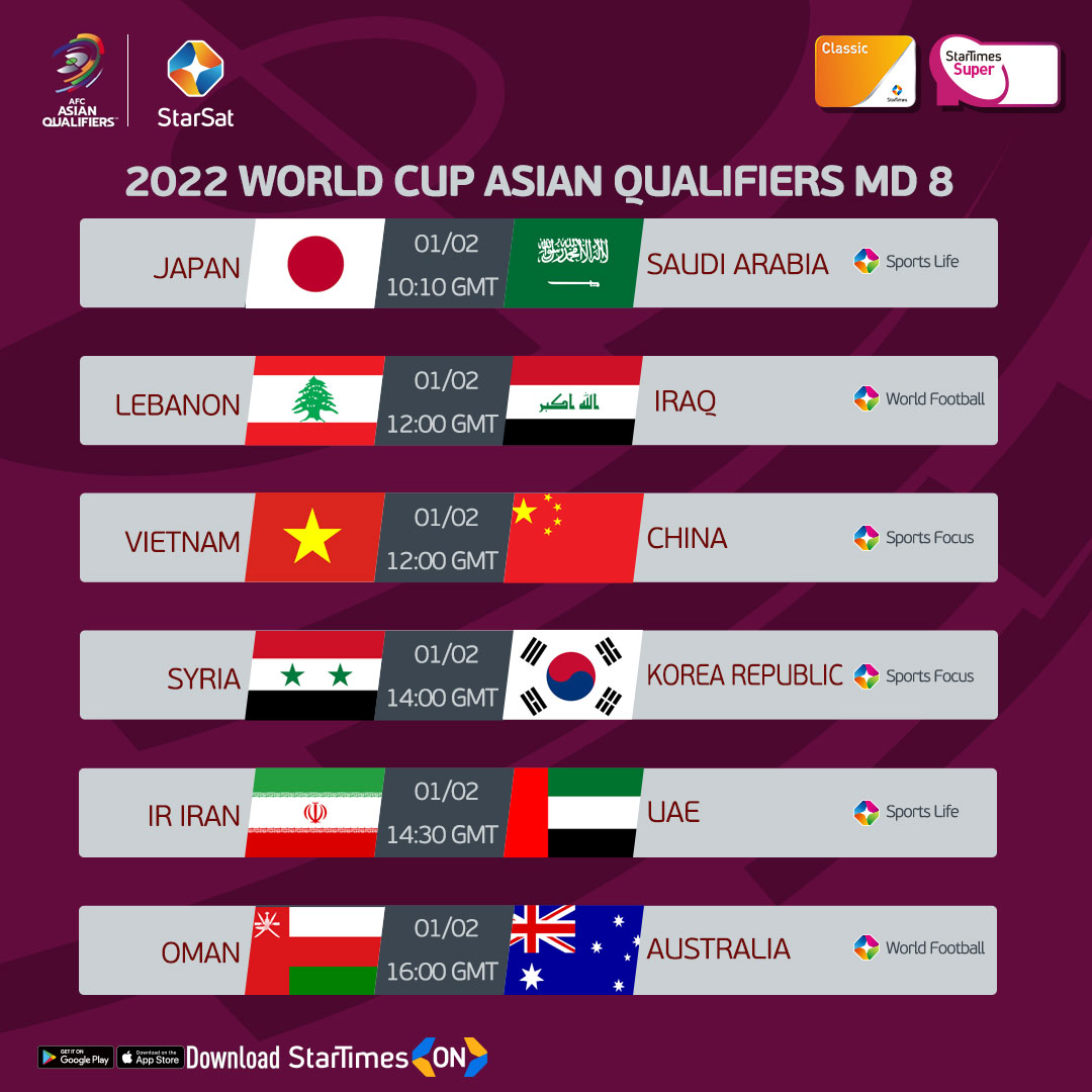 Starsat The Match Day 8 Of 22 World Cup Asian Qualifiers Will Take Place On February 1st 12 10pm Japan Vs Saudi Arabia 02 00pm Lebanon Vs Iraq 02 00pm Vietnam Vs China