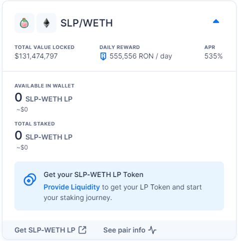 AxieSpanish's tweet image. ☑️Saca rendimiento a tus $SLP en Katana con la Farm de $SLP/WETH y obtén el nuevo token de @Ronin_Network $RON  
🔷♾
APR actualmente es del 535%. 
¡Una pasada!
⬇️⬇️
katana.roninchain.com/#/farm